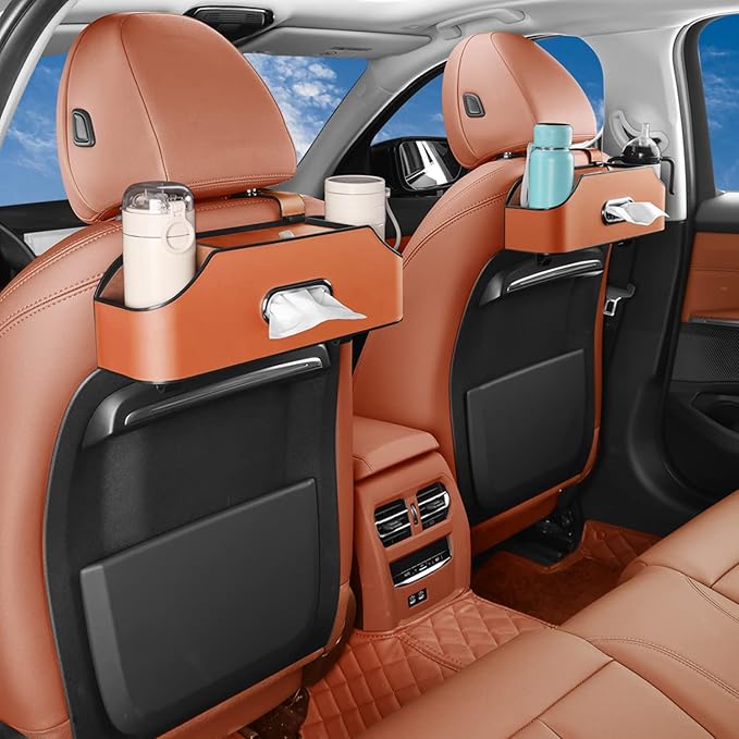 Car Seat Back Organizer - Stylish & Functional Storage for Family Adventures - Cup Holders, Tissue Box & Hooks - Perfect for Kids, Road Trips & Travel (Orange)