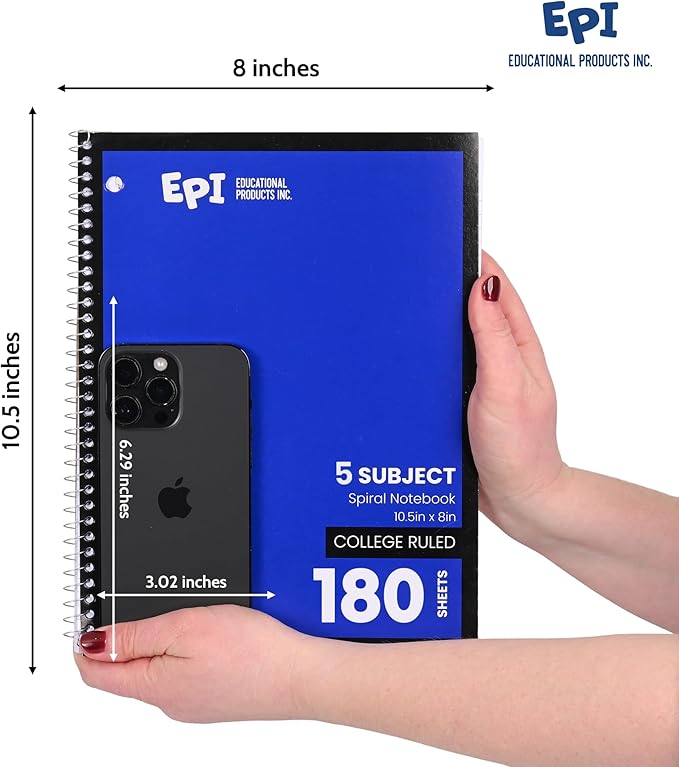 EPI Spiral Notebook | 5 Subject - College Ruled - 180 Sheets, Durable Spiral Binding | 10.5 x 8 in | Classroom Supplies | School, Office, Note Taking, Journaling - 3 Pack