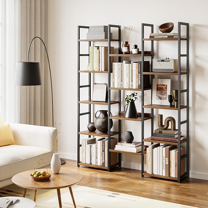 OTK Triple Column 5 Tier Bookshelf, Large Bookcase with 14 Open Display Shelves, Adjustable Industrial Book Shelf with Baffles, Wide Bookshelves for Bedroom, Living Room and Home Office, Rustic Brown
