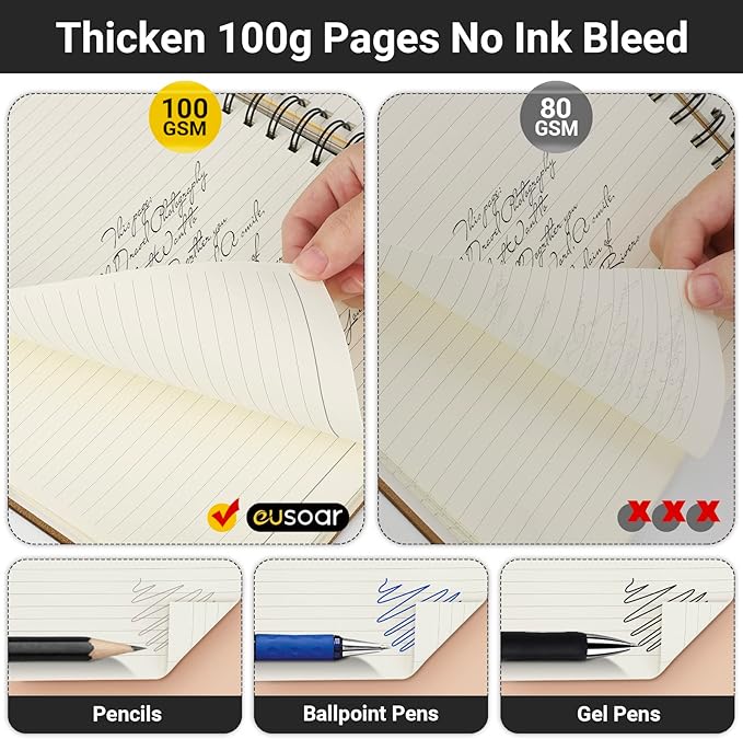 EUSOAR 5 Subject Spiral Notebook, 1pcs B5 7.3"x10.2" College Ruled Writing Pad, 100GSM 120Sheets/ 240Pages of Lined Paper, Thick Hardcover, for Traveling Students, Office and Business, Kraft