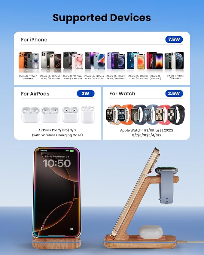 3 in 1 Wireless Charging, Wireless Charger Stand for Multiple Apple Devices, Wireless Charger for iPhone 17 16 15 14 13 12 11 Pro Max XS XR 8, Apple Watch 11 9 8 7 6 SE 5 4 3 2, AirPods 3/2/Pro