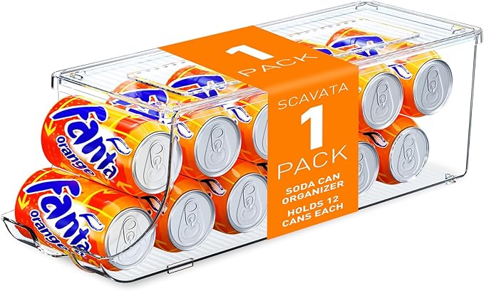 Soda Can Organizer for Refrigerator, Stackable Canned Food Pop Cans Container Can Holder Dispenser with Lid for Fridge Rack Freezer, Clear Storage Bins-Holds 12 Cans Each (One)
