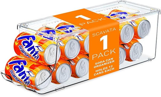 Soda Can Organizer for Refrigerator, Stackable Canned Food Pop Cans Container Can Holder Dispenser with Lid for Fridge Rack Freezer, Clear Storage Bins-Holds 12 Cans Each (One)