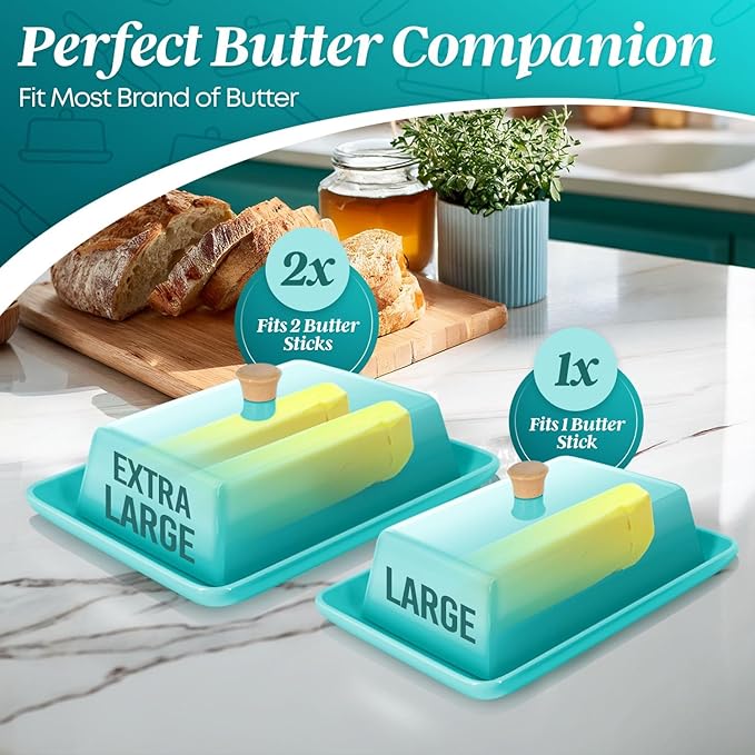 Flexzion Ceramic Blue European Butter Dish with Lid for Countertop (7 Inch) - Wide 2 Stick Double Butter Holder for Counter, Cream Cheese Container Storage Keeper