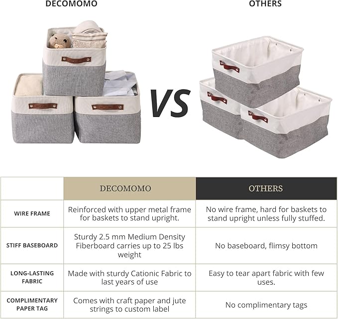 DECOMOMO Storage Baskets for Shelves - Fabric Storage Bins, Linen Closet Organizers and Storage (Grey & White, XL - 3 Pack)