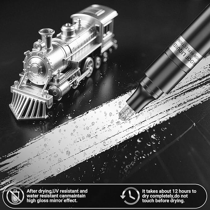 3Pcs Silver Liquid Mirror Chrome Markers, Permanent Reflective Metallic Chrome Paint Pen, High Gloss Car DIY Model Painting, Touch Up Repair Kit for Plastic Metal Glass Resins