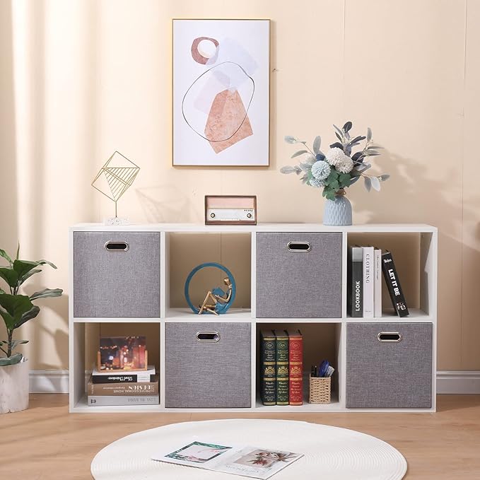 Collapsible Organization Basket Fabric Foldable Box with Handles, 13x13 Cube Storage Bins Set of 4, Thick and Heavy Duty Storage Baskets for Shelves Bedroom Livingroom,Gray