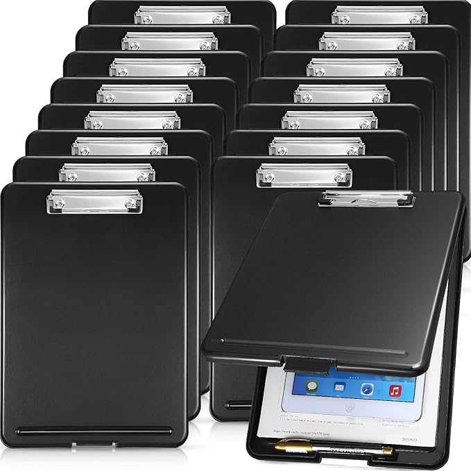 Geyee 16 Pcs Clipboard with Storage Plastic Foldable Nursing Clipboard Storage with Pen Holder 9. 5 x 13. 4 Inch Foldable Clip Board with Low Profile Clip for Student Teacher Nurse Office Supplies