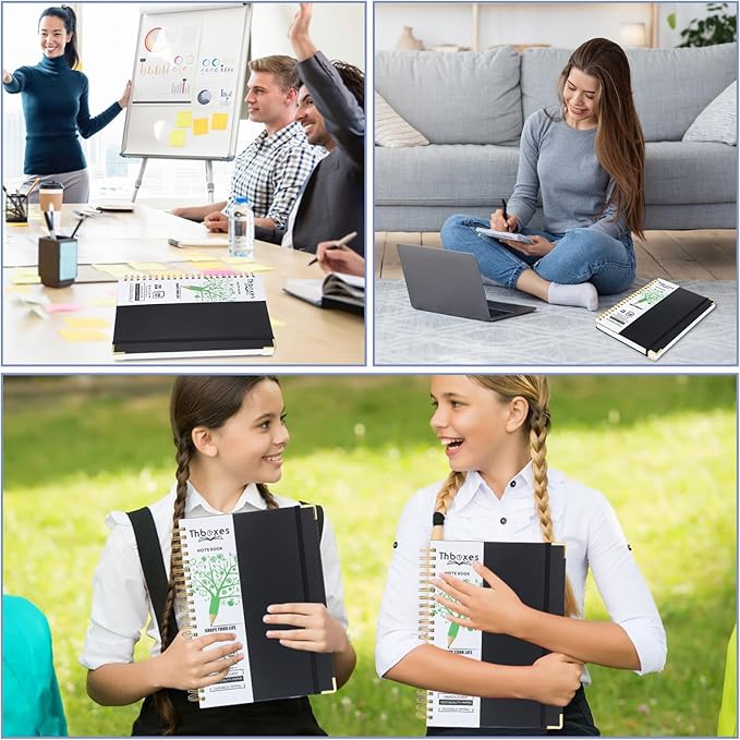 Spiral Notebook 8.3” x 11.6”, 300 Pages/150 Sheets College Ruled Notebook A4 Journaling Notebook with Index Sticker, Back Pocket, Elastic Band for Work Business School Note Taking, Black