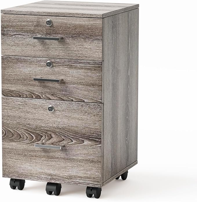 VINGLI 3-Drawer File Cabinet with Lock, Wood Rolling Filing Cabinets for Home Office, Mobile Printer Stand, Under Desk File Organizer for Letter Sized Files, 26" H(Caster Included),Gray Oak