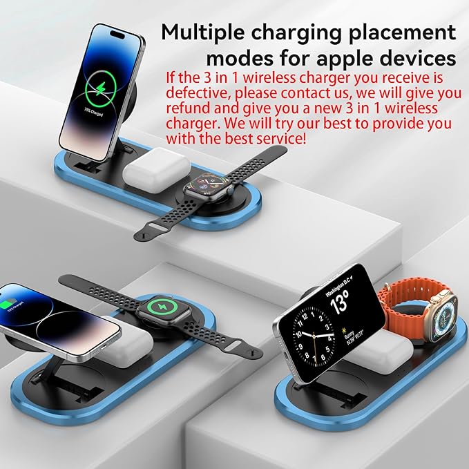 3 in 1 Fast Wireless Charger Stand for iPhone, Foldable Travel Charging Station for Magsafe for iPhone 17/Air/16/15/14/13/12 Series, Apple Watch Series, AirPods pro/2/3/4, 2025 Christ mas Gifts (Blue)