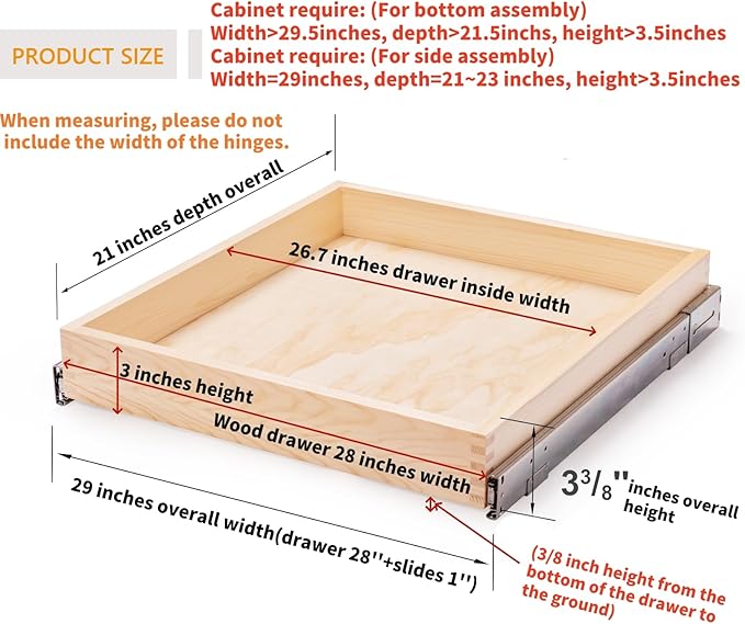 29”W x 21”D x 3”H Soft Close Slide Out Wood Drawer Organizer for Kitchen, (Cabinet Opening>29.5 inches for Bottom Assembly, Width= 29 inches for Side Assembly)