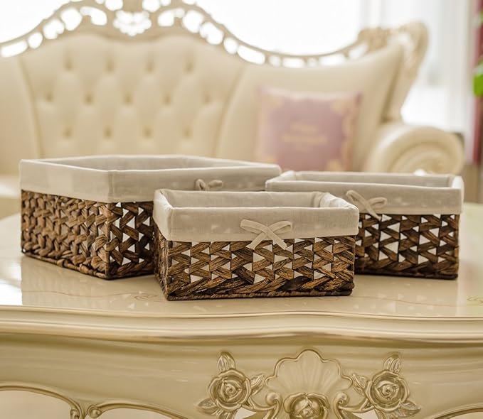 Rectangular Woven Seagrass Storage Bins with Handle,Kingwillow. (water hyacinth, Set of 3)