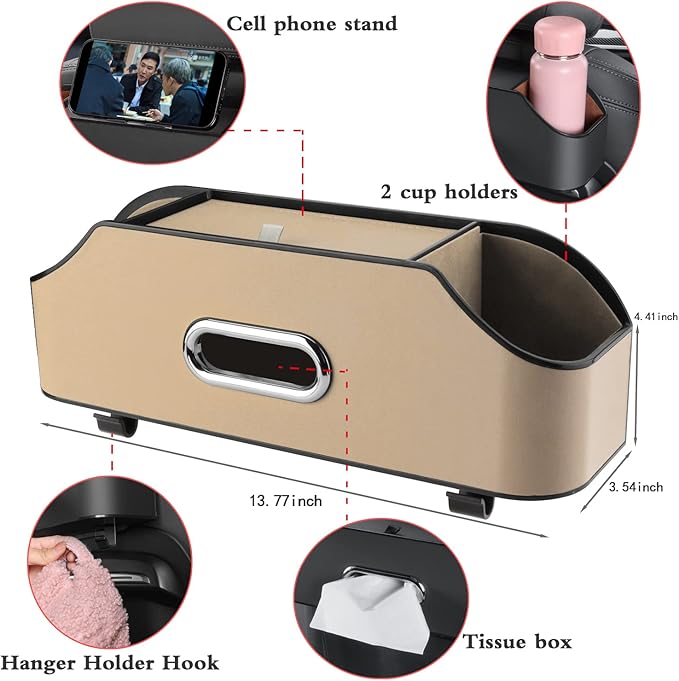 Car Seat Back Organizer - Stylish & Functional Storage for Family Adventures - Cup Holders, Tissue Box & Hooks - Perfect for Kids, Road Trips & Travel (Beige)