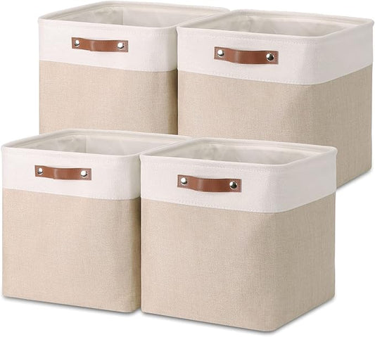 Temary Cube Storage Bins 13x13 Fabric Storage Cubes Baskets Set Of 4 Cloth Baskets for Shelf, Large Bin Empty Basket for Organizing, Shelf Basket (White&Khaki)