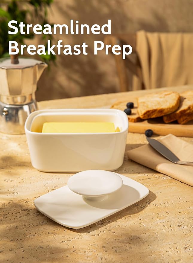 Sweese Extra Large Butter Dish with Lid, 6.2" Porcelain Butter Keeper Container - Perfect for East/West Coast Butter and Kerrygold Butter, Butter Crock with Lid, Gift - White
