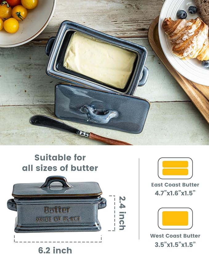 Butter Dish with Lid, Porcelain Butter Dish for Countertop Large Butter Keeper Butter Holder Container for East West Coast Butter, Farmhouse Decor for Thanksgiving Christmas, Blue