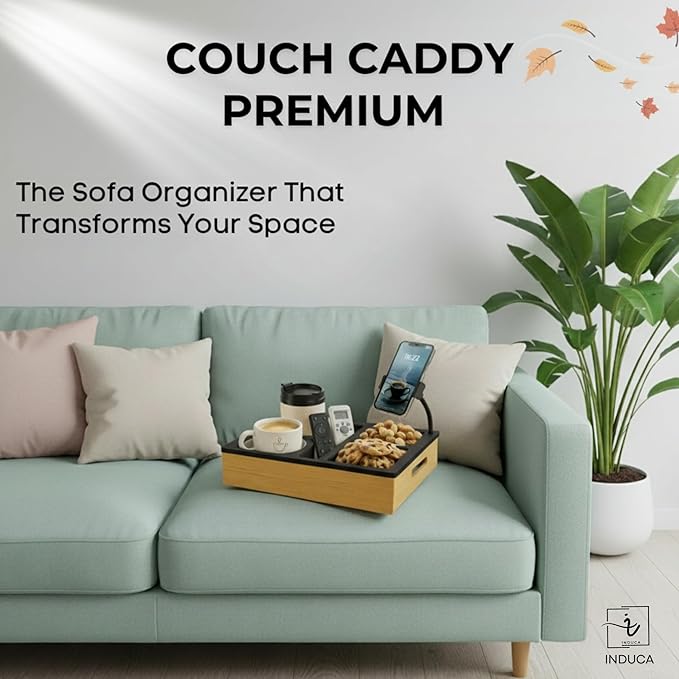 Couch Caddy with Cup Holder | Bamboo Couch Cup Holder Tray for Drinks, Snacks & Remotes | Couch Tray for Bed, Car Seat & Beach Organizer (Black)