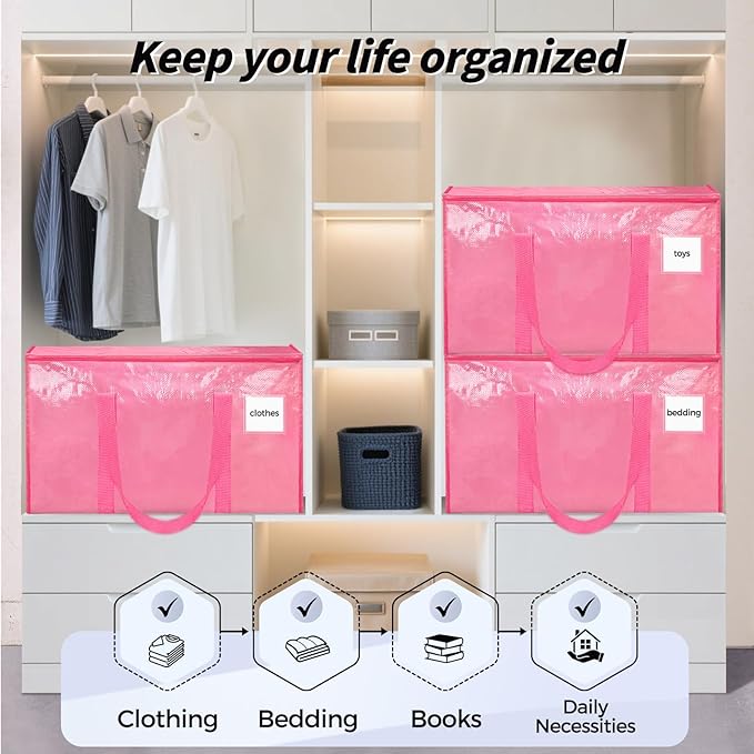 16 Pack Extra Large Heavy Duty Moving Bags, Pink Storage Bins with Lids, Reinforced Handles & Heavy-Duty Zippers Moving Boxes Storage Bags Totes for Clothes Packing, Dorms, College Supplies, Pink