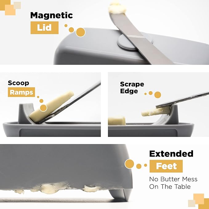 Butter Hub Extra Large Butter Dish with Lid and Knife, European Size Magnetic Butter Keeper, Easy Scoop, No Mess Lid, Plastic, Dishwasher Safe (Clear, European / 2 Sticks)