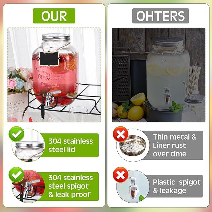 Lallisa 2 Pcs 2 Gallon Glass Drink Dispenser with Stand Ice Cylinder Hanging Chalkboard Signs 18/8 Stainless Steel Spigot Beverage Dispensers for Parties Mason Jar Drink Lemonade (Silver Spigot)