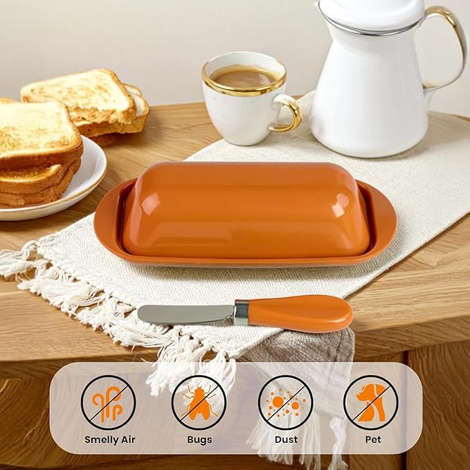 Butter Dish with Lid and Knife, Durable Countertop & Fridge Butter Keeper, BPA-Free Melamine Butter Container, Dishwasher Safe, Fits East/West Coast Butter Sticks (Pumpkin Orange)