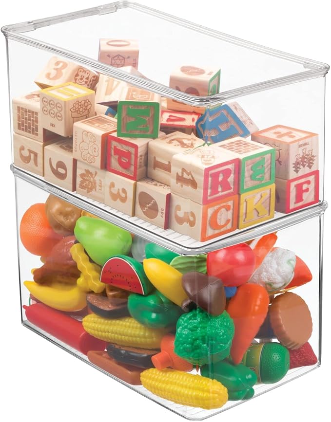 mDesign Plastic Stackable Toy Storage Bin Container Box, Hinge Lid for Organizing Living Room, Play Room, Bedroom, Nursery, Hold Blocks, Puzzles, Books, Lumiere Collection, Clear