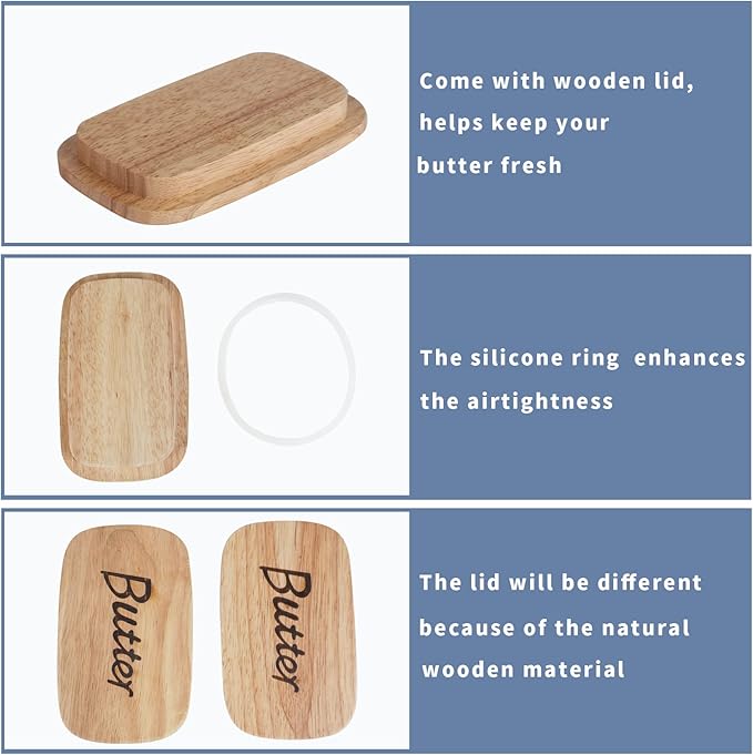 GDCZ Ceramics Butter Dish with Wooden Lid- Large Covered Butter Holder for Countertop, Butter Keeper Container Perfect for Holds 2X 4oz West/East Coast Butter (Black, 6.5 x 4.2x 3.9)