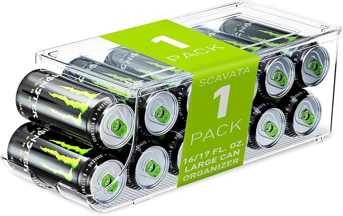 Soda Can Organizer for Refrigerator for Tall Cans of 16oz & 17oz, Stackable Beverage Cans Container Holder Dispenser with Lid for Fridge Pantry Rack Freezer (One Pack)