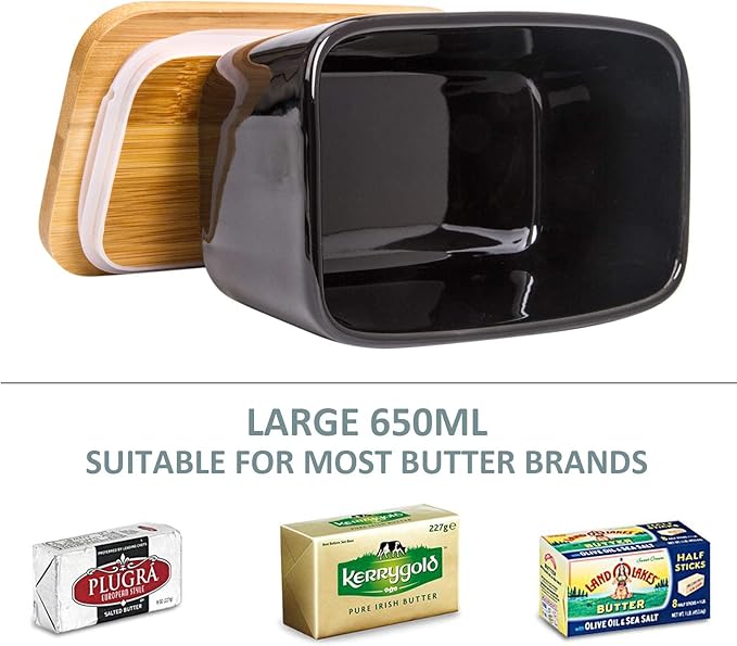Butter Dish with Lid,Extra Large 650ml,Porcelain Keeper with Bamboo Lid Cover for 2 Sticks of Butter,Microwave Safe Easy Clean Butter Storage Container for Countertop Refrigerator (Black)