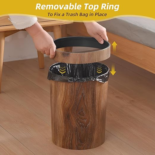 Wood Grain Plastic Trash Can Bedroom, Round 2-Pack, 3.4 Gal Farmhouse Wastebasket Bin Retro Style, Brown Trash Can for Room Aesthetic, Open Top Garbage Can for Office, Living Room, Hotel, Bathroom
