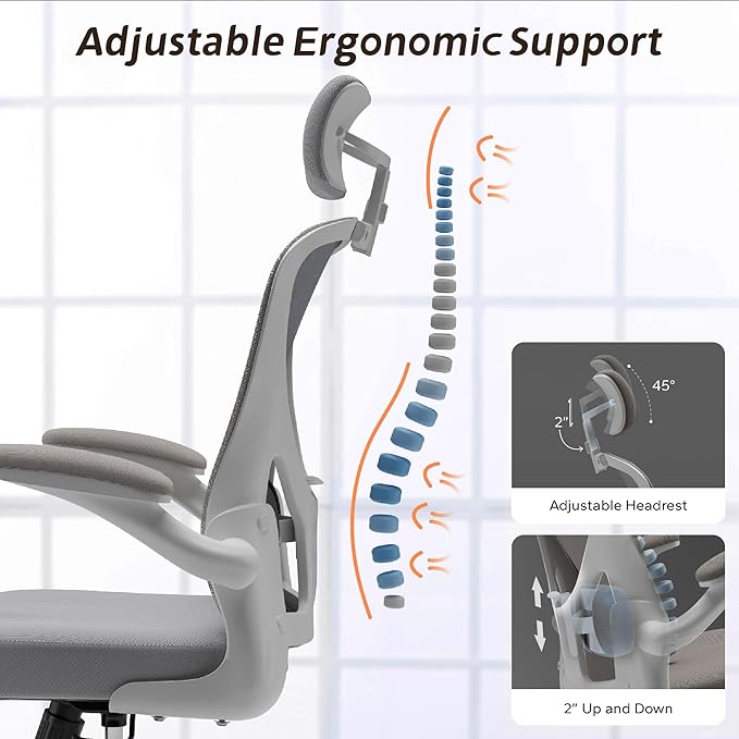Ergonomic Office Chair with Adjustable Lumbar Support & Flip-Up Armrests - High Back Computer Desk Chair with Thickened Seat Cushion, Rolling Wheels for Home/Office Study Work