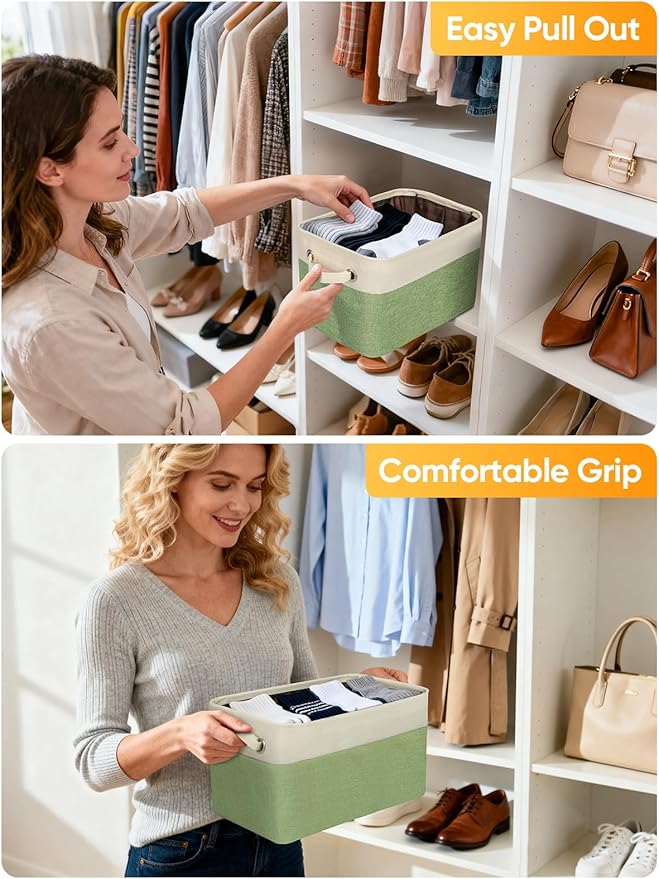 BALEINE 2 Pack Fabric Storage Bins for Shelves, Linen Storage Baskets for Organizing, Decorative Closet Bins for Clothes, Home (Green, 14''x10''x8.5'')