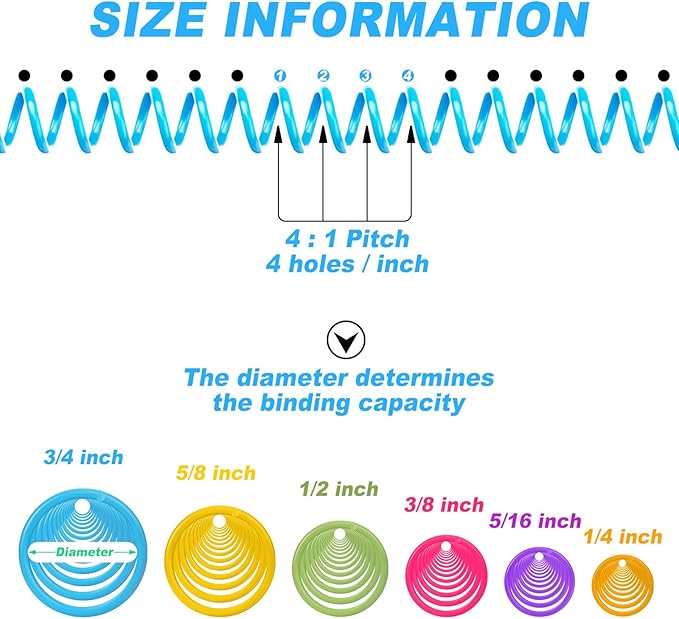 Leinuosen 120 Pack Plastic Spiral Binding Coils Kit Spirals Multi Size Coils for Binding Binder Combs Spines(1/4 5/16 3/8 1/2 5/8 3/4 Inch,Colorful)