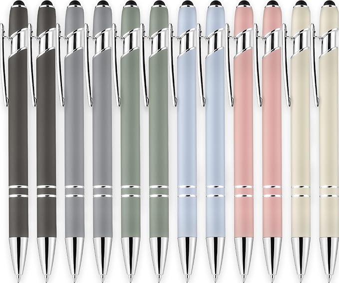 LINFANC 12 Pack Morandi Ballpoint Pen with Stylus Tip, 1.0 mm Black Ink Smooth Writing Pens, Metal Stylus Pens for Touch Screens