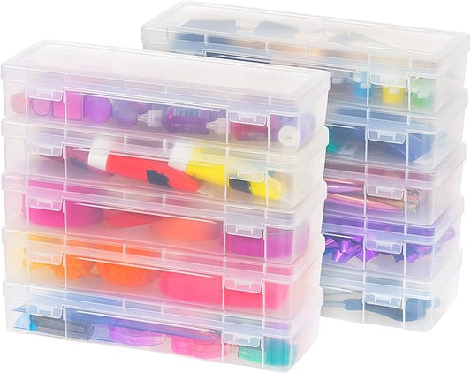 IRIS USA Pencil Case Box Storage Container for Organizing with Snap Lid, 10-Pack, Big Capacity Stackable Plastic Pen Pouch for Craft Hobby Art Supplies Journaling Stationery Sticker, Clear, Large