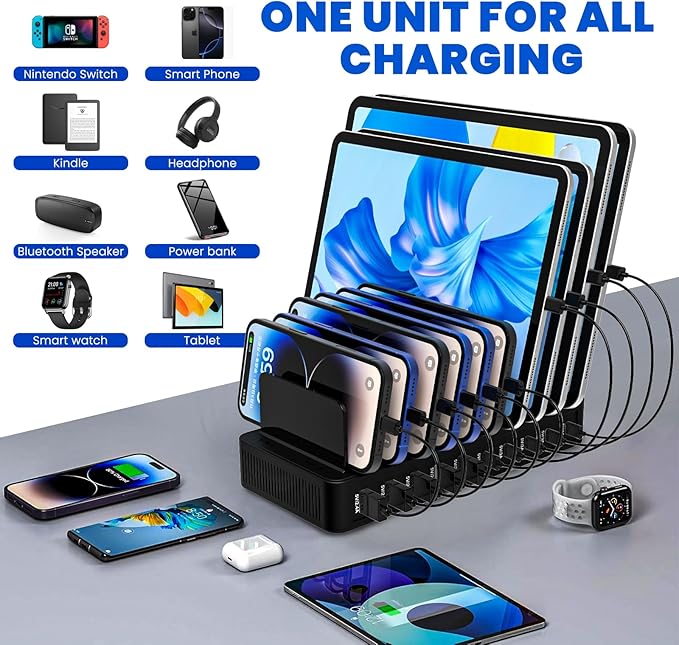 Charging Station for Multiple Devices, 100W 10 Ports Charging Dock with 10 Cables Smart IC Tech and Adjustable Dividers Type-C，Multi USB Charger for iPhone Galaxy iPad Tablet，Black
