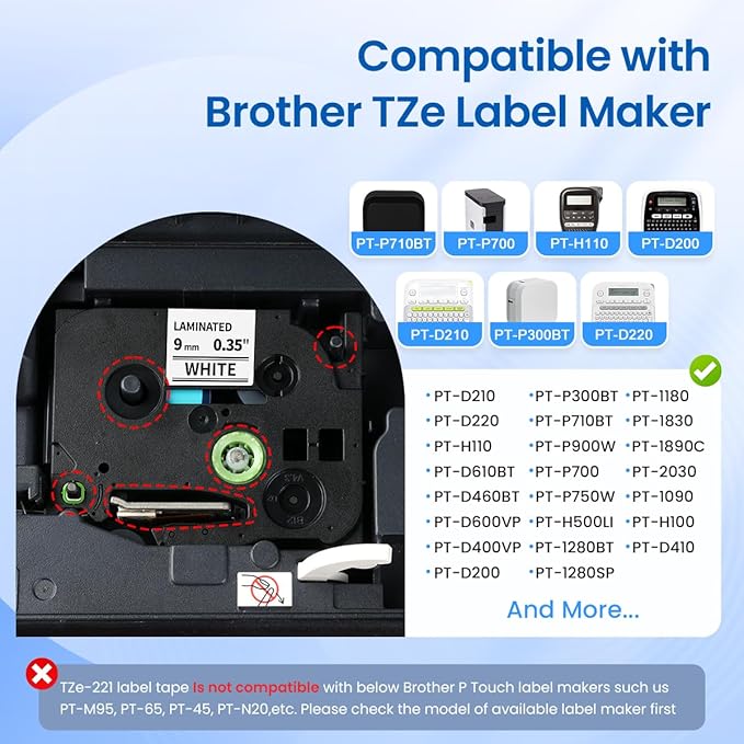 Labelife TZe-221 Label Maker Tape 9mm Compatible with Brother P Touch Label TZe TZ Tape 9mm 0.35 Laminated White 3/8 Inch TZe221 for Brother Ptouch PT D210 PTD220 PT-D200 PT-H110 PTD400,5-Pack
