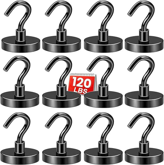 DIYMAG Black Magnetic Hooks, 120 LB Heavy Duty Strong Magnets with Hook, Rare Earth Neodymium Magnet for Cruise Cabins Ship Essentials 12 Packs