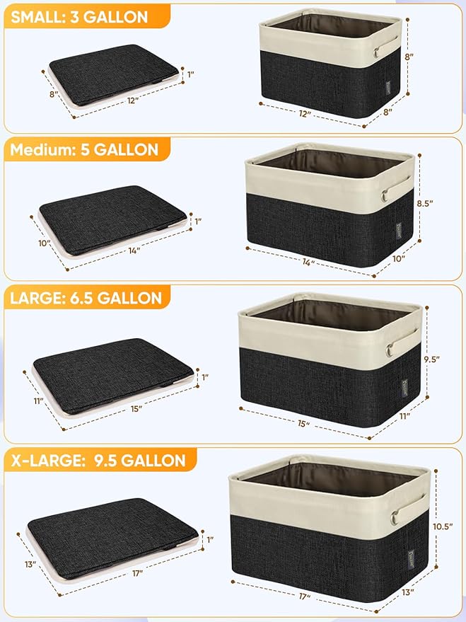 BALEINE 4 Pack Fabric Storage Bins for Shelves, Linen Storage Baskets for Organizing, Decorative Closet Bins for Clothes, Home (Black, 17''x13''x10.5'')