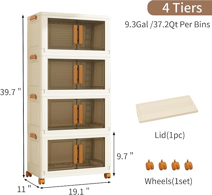Plastic Stackable Storage Bins with Lids and Wheels, Foldable Storage Containers, Collapsible Clear Storage Cabinet with Doors White 4Tiers 148.8QT