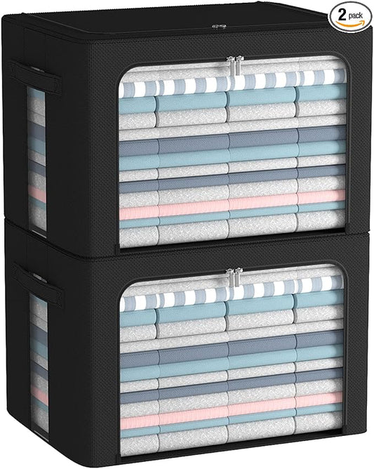 CYhom Clothes Storage Bins Box - Linen Fabric Foldable Stackable Container Organizer Set with Clear Window & Carry Handles & Metal Frame (Black, Large-66L)