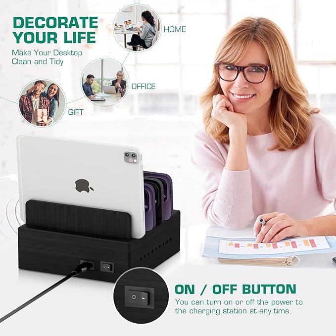 Bamboo Charging Station for Multiple Devices - Darfoo Family Charging Station with 7 USB Ports and 1 Stand for Watch-Earbud, 7 Short Charging Cables, Black