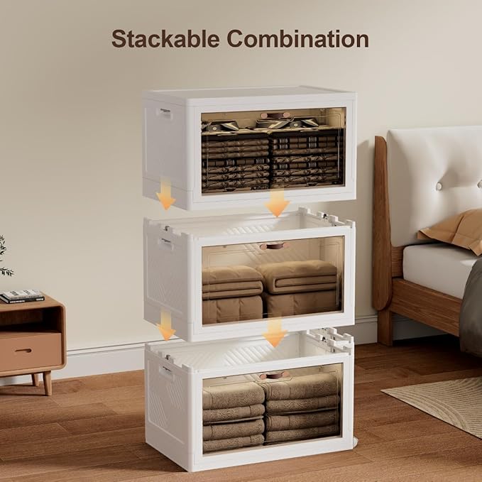 JOYMOOP Folding Storage Bins Organizer, 49.6 Quart Collapsible Storage Box with Wheels and Door, Stackble Plastic Storage Container for Clothing, Books and Sundries (XL, 12.4 Gal, 1 Tier)