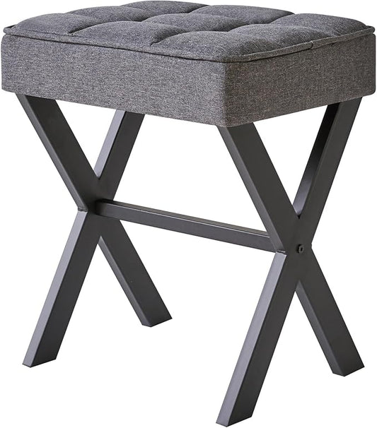 IBUYKE Square Makeup Stool with X-Leg Foot Rest, Linen Footrest, Ottoman Seat, Multi-Use as Small Side Table, for Bedroom, Living Room, Dark Gray LG-70G