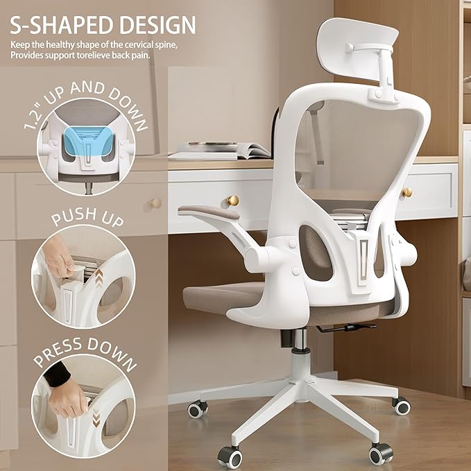 Ergonomic Office Chair, High-Back Mesh Computer Desk Chair with Adjustable Height, Lumbar Support, Flip-Up Armrests,headrest，and Swivel Rolling Design for Home and Office Use
