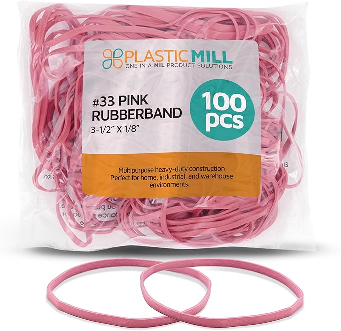 PlasticMill Pink Rubber Bands Size 33 (3 1/2" x 1/8") - #33 Colored Rubber Bands Office Supplies - Strong, Elastic Bands for Crafts, Balloon Garland, Cash, File Folders (100-Pack)