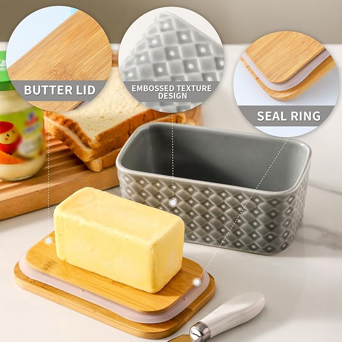 Hasense Ceramic Butter Dish with Wooden Lid, Large Butter Container for Countertop Airtight Butter Stick Covered Keeper,Grey Embossed Pattern,Easy Clean Dishwasher Safe