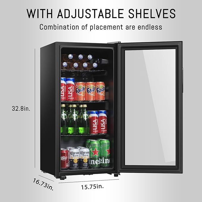 Beverage Refrigerator, 3.2 Cu. Ft, Mini Fridge with Glass Door for Soda Beer, Freestanding Beverage Cooler for Office, Bar, Adjustable Shelving&Adjustable Foot