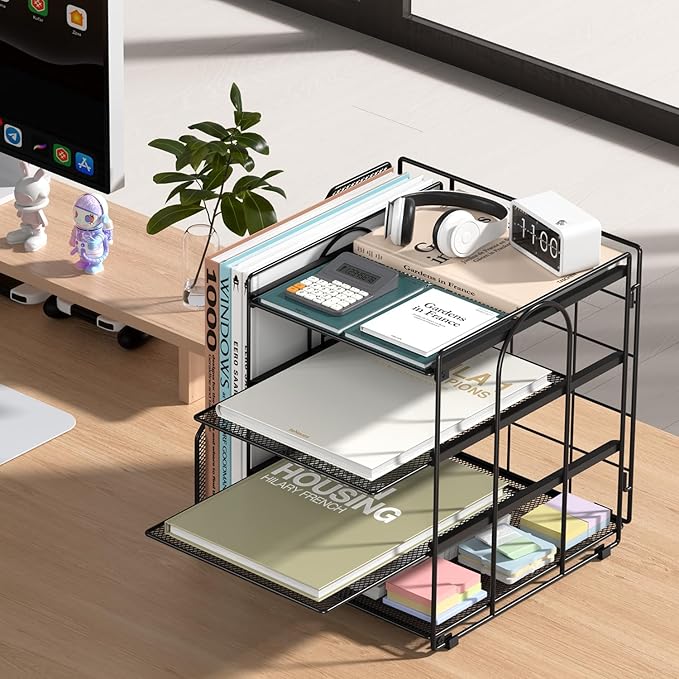 Desk Organizer, 4-Tier Metal Paper Organizer for Desk with Vertical File Holder, Office Accessories and Desktop Storage for Office Supplies (Black)
